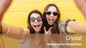  Presentation with women evolution - Presentation design consisting of women friends standing over yellow background and a coral colored foreground