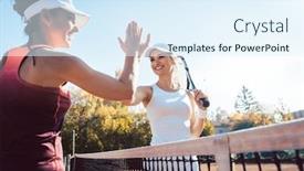  Presentation with good - Slide deck with women-giving-high-five background and a sky blue colored foreground