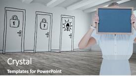  Presentation with slate - Presentation with digital composite of businesswoman holding slate against drawn doors background and a gray colored foreground