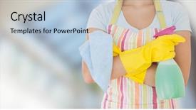  Presentation with pregnant woman cleaning - PPT layouts enhanced with composite of woman in apron background and a light blue colored foreground