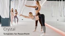  Presentation with stretching - Slides having women-group-stretching-their-back background and a light gray colored foreground