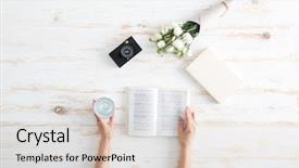  Presentation with water glass - Slide deck featuring women hands turn over book background and a lemonade colored foreground