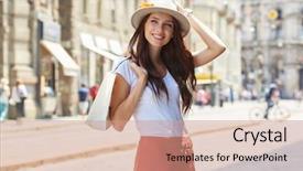  Presentation with paper bag vs plastic bags - PPT theme with women hats - woman holding shopping bags background and a coral colored foreground