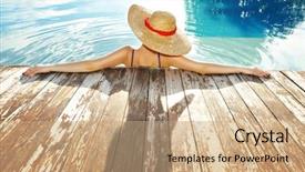  Presentation with hat - Amazing theme having beautiful brunette young girl in style flower dress and big pink hat walking near swimming pool with her reflection in blue water backdrop and a ocean colored foreground