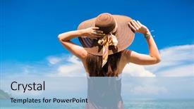  Presentation with tropical top view summer botanical - Slides enhanced with women hats - woman in summer vacation wearing background and a light blue colored foreground