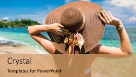  Presentation with tropical top view summer botanical - Beautiful theme featuring women hats - woman in summer vacation wearing backdrop and a coral colored foreground