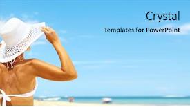  Presentation with beach - PPT theme enhanced with women hats - woman on the beach background and a light blue colored foreground