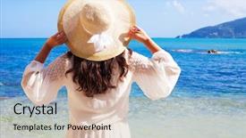  Presentation with woman in sea - Presentation design consisting of women hats - young woman in summer dress background and a soft green colored foreground