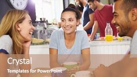  Presentation with small group - PPT theme with friends enjoying breakfast in kitchen background and a coral colored foreground