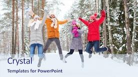  Presentation with forest winter - Slide set consisting of women having fun and jumping background and a sky blue colored foreground