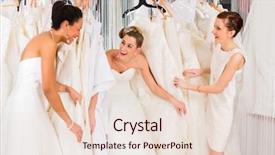  Presentation with fun - Amazing presentation having women having fun during bridal gown fitting in wedding fashion store backdrop and a lemonade colored foreground