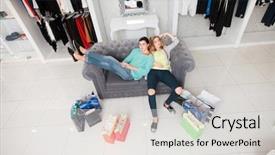  Presentation with rest - Amazing slide deck having women having rest after shoping backdrop and a light gray colored foreground