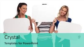  Presentation with beautiful black women smiling - Colorful presentation design enhanced with women holding blank speech bubble backdrop and a teal colored foreground