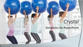  Presentation with healthy workplace full length side view - PPT theme enhanced with women holding blue fitness ball background and a white colored foreground