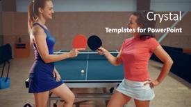  Presentation with table tennis - Amazing presentation design having women-holds-ping-pong-rackets backdrop and a violet colored foreground