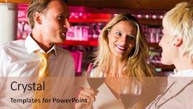  Presentation with hero man and women - Cool new presentation theme with women in a hotel bar backdrop and a coral colored foreground