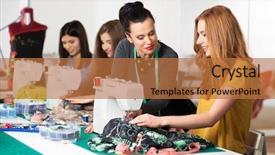  Presentation with sewing machine - Colorful presentation design enhanced with women in a sewing workshop backdrop and a red colored foreground