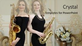  Presentation with two black women - Colorful slides enhanced with women in black hold saxophone backdrop and a mint green colored foreground