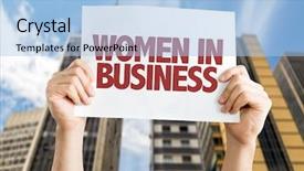  Presentation with business women - Cool new PPT theme with women-in-business-placard backdrop and a light blue colored foreground