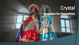  Presentation with stylized - Amazing PPT theme having women in colorful stylized medieval backdrop and a dark gray colored foreground