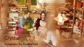  Presentation with women - Colorful presentation theme enhanced with women in conversation in library backdrop and a coral colored foreground