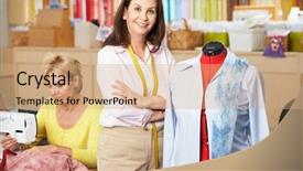  Presentation with women making - PPT theme featuring women in dress making class background and a coral colored foreground