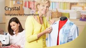  Presentation with women making - Cool new PPT layouts with women in dress making class backdrop and a coral colored foreground