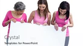  Presentation with breast cancer awareness - Audience pleasing theme consisting of women in pink outfits holding board for breast cancer awareness on white background backdrop and a cool aqua colored foreground