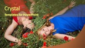  Presentation with blue and red - Theme featuring women in red and blue background and a tawny brown colored foreground