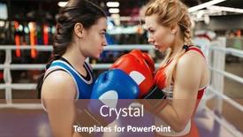  Presentation with boxing ring - Amazing PPT theme having women-in-red-and-blue backdrop and a coral colored foreground