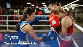  Presentation with boxing ring - Beautiful slide deck featuring women-in-red-and-blue backdrop and a ocean colored foreground
