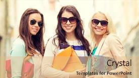  Presentation with happy holidays - Colorful presentation design enhanced with women in sunglasses with bag backdrop and a coral colored foreground