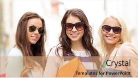  Presentation with happy holidays - Colorful PPT theme enhanced with women in sunglasses with bag backdrop and a coral colored foreground