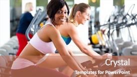 Presentation with bicycles - Amazing slide deck having women in the gym on fitness bicycles backdrop and a coral colored foreground