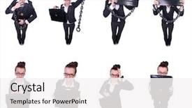  Presentation with woman hands raised to sky - PPT theme featuring women inmate - woman with hands and handcuffs background and a white colored foreground