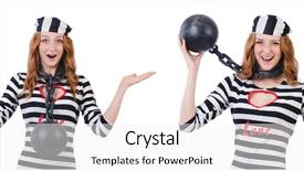  Presentation with young business woman smile show - Beautiful slides featuring women inmate - young smiling woman-prisoner isolated backdrop and a  colored foreground