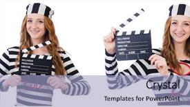  Presentation with board of director - Colorful PPT layouts enhanced with women inmate - young woman-prisoner with movie board backdrop and a light blue colored foreground