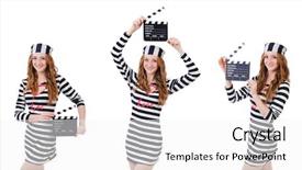  Presentation with airport boarding board - Beautiful slide set featuring women inmate - young woman-prisoner with movie board backdrop and a white colored foreground