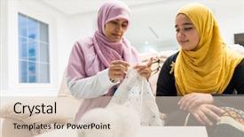  Presentation with arabic woman - PPT theme consisting of women islam - arabic woman at home working background and a lemonade colored foreground