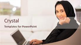  Presentation with laptop - Colorful PPT theme enhanced with women islam - portrait of pretty arabian woman backdrop and a sky blue colored foreground