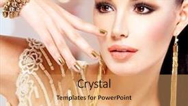  Presentation with jewelry gold - Presentation having women jewlery accessories - pretty woman with golden nails background and a coral colored foreground