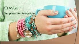  Presentation with clock - Colorful PPT layouts enhanced with women jewlery accessories - stylish bracelets and clock backdrop and a soft green colored foreground