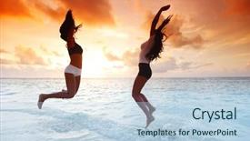  Presentation with two black women - Cool new PPT theme with women jumping on sunset beach backdrop and a  colored foreground