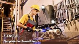  Presentation with force - Cool new presentation design with women labour force - factory female worker sharpening tools backdrop and a tawny brown colored foreground