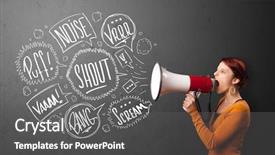  Presentation with bubbles feedback survey words speech - Slide deck featuring women leaders - pretty girl yelling into megaphone background and a dark gray colored foreground