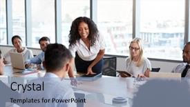  Presentation with women meeting - PPT layouts having women leadership - businesswoman stands to address meeting background and a light blue colored foreground