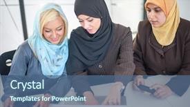  Presentation with women meeting - Presentation theme enhanced with women leadership - group of business people discussing background and a  colored foreground