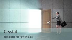  Presentation with open door policy health care - Cool new slides with women leadership barriers - businesswoman walking towards open door backdrop and a light blue colored foreground