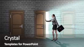  Presentation with open door policy health care - Colorful PPT layouts enhanced with women leadership barriers - businesswoman walking towards open door backdrop and a dark gray colored foreground