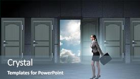  Presentation with open door policy health care - Cool new PPT layouts with women leadership barriers - businesswoman walking towards open door backdrop and a seafoam green colored foreground